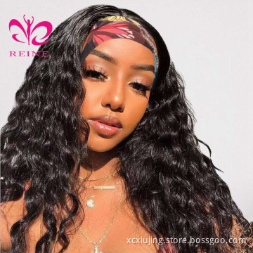 Full Cuticle Curly Headband Wigs Human Hair GlueLess None Lace 10A Virgin Peruvian Head Band double drawn human hair wigs